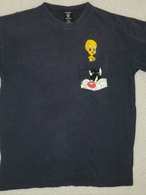 Vintage Warner Bros. Navy Blue Embroidered Tweety & Sylvester Pocket Tee, Medium